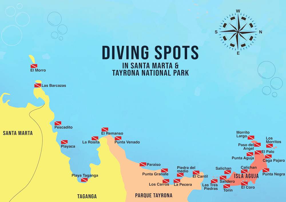 Map of the dive sites in Santa Marta, Taganga and Tayrona National Park, created by Ocean Lovers Taganga